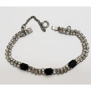 Vintage Eisenberg Ice Clear & Black Rhinestone Bracelet 7" Safety Chain